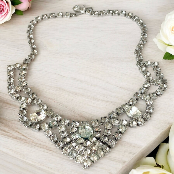 Vintage Art Deco Rhinestone Statement Bib Choker Necklace - Picture 4 of 7